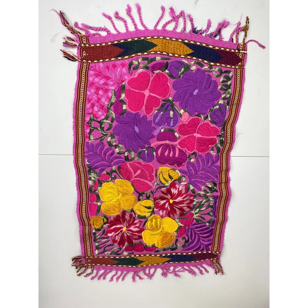 Lot of 4 Mexican Hand Embroidered Floral Textile Panels Otomi Folk Art Fringed
